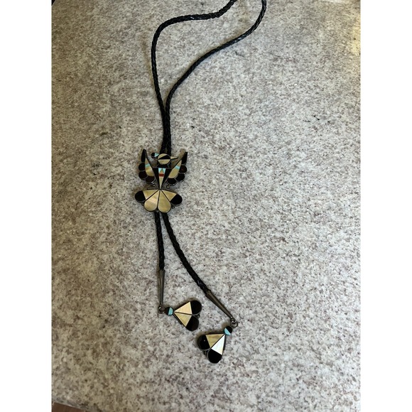 Zuni Sterling Silver Thunderbird Inlay Bolo Tie & Tips A. Dishta Large 42g 38" - Picture 2 of 8